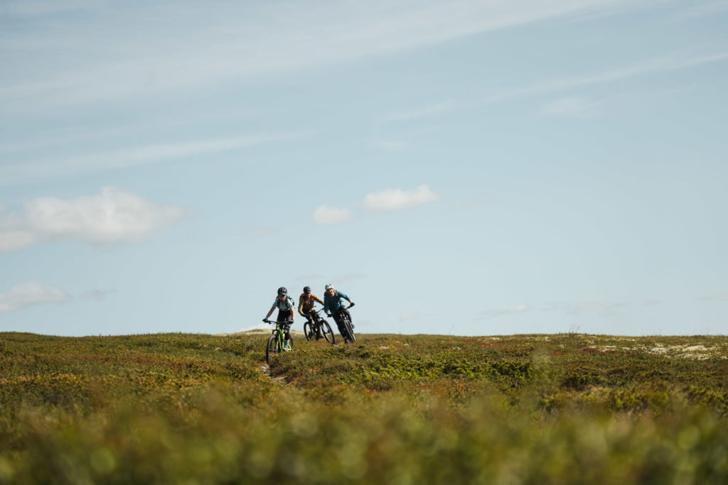 tre personer sykler på et fjell